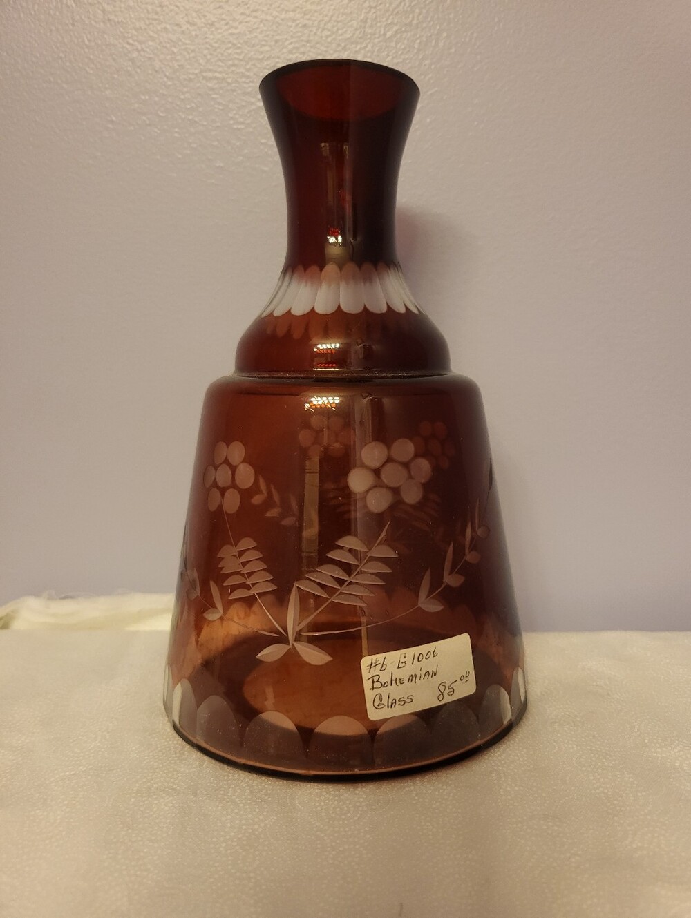 BOHEMIAN Hand-Blown Amber Glass Vase with White Floral Etching